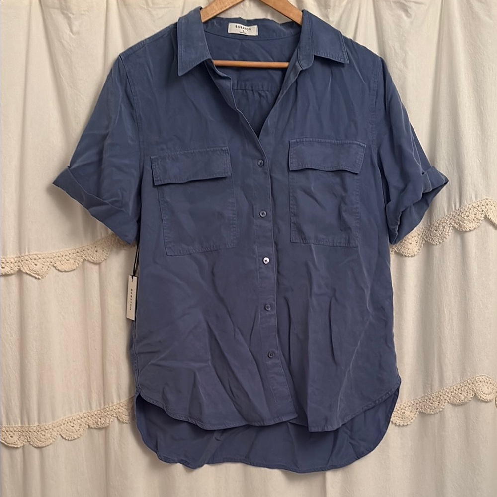 Babaton Blue Cuffed Sleeve Button Down Shirt